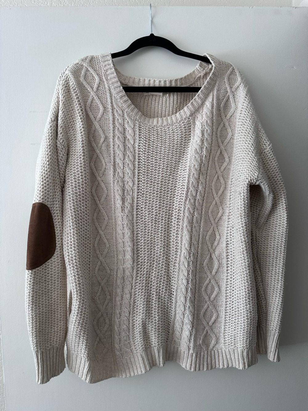 Cream Cable-Knit Sweater with Brown Elbow Patch